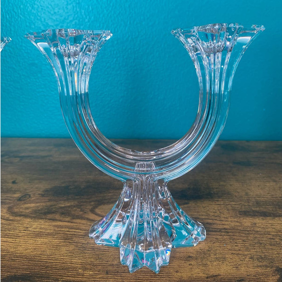 Pair of Clear Glass Art Deco Style Candelabra Candlestick Holders - Picture 1 of 10
